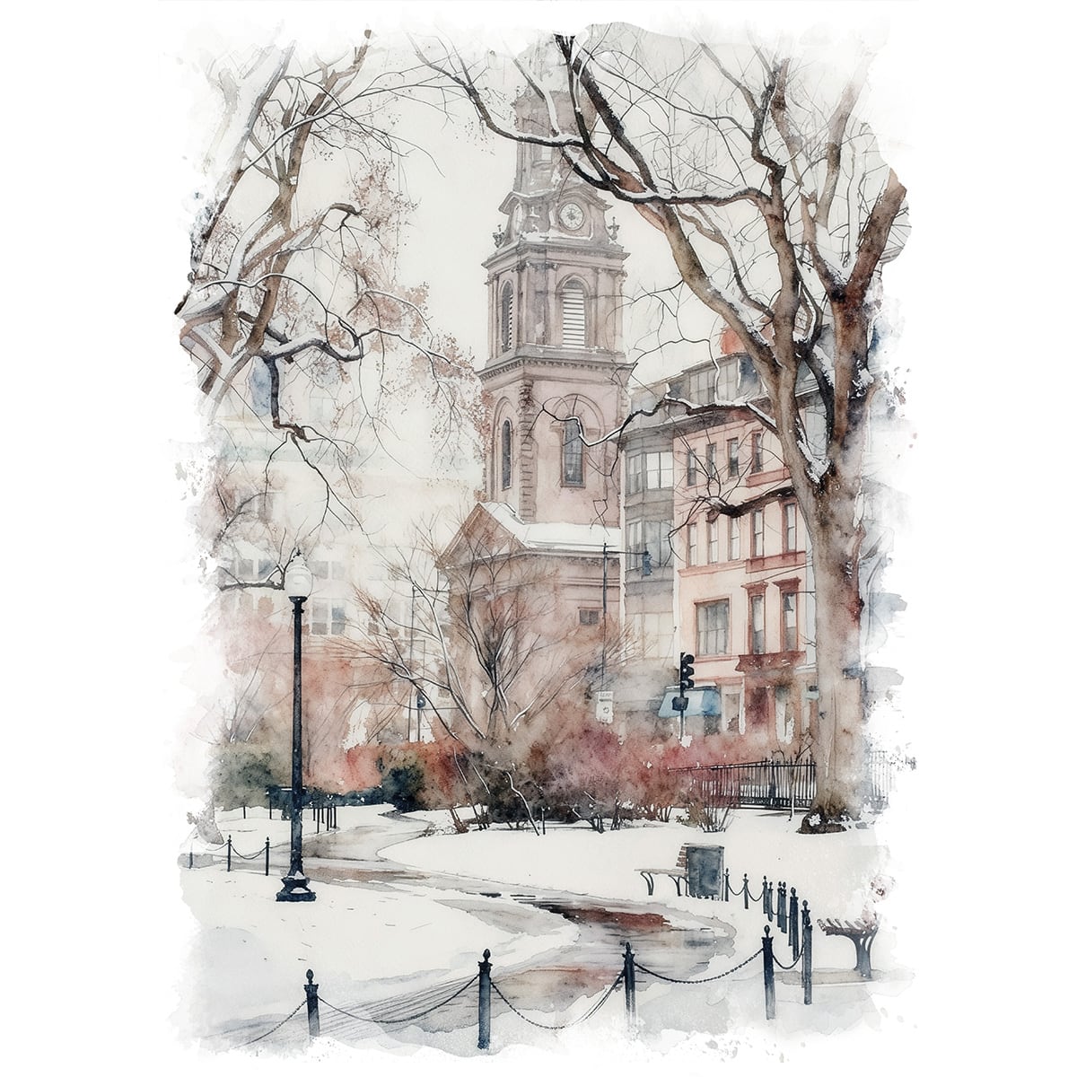 絵画 風景画(街並み) 冬 雪のアメリカ ボストン バックベイ地区