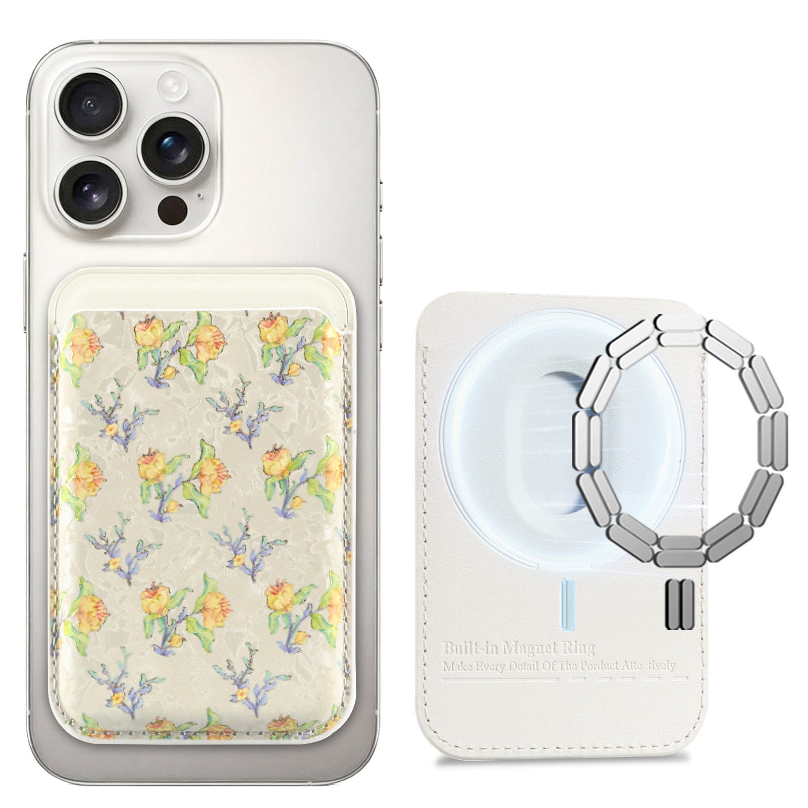 花柄デザイン iPhone14ケース マグネット式 MagSafe対応 カードケース 着脱式 花柄 マグネットカードウォレット