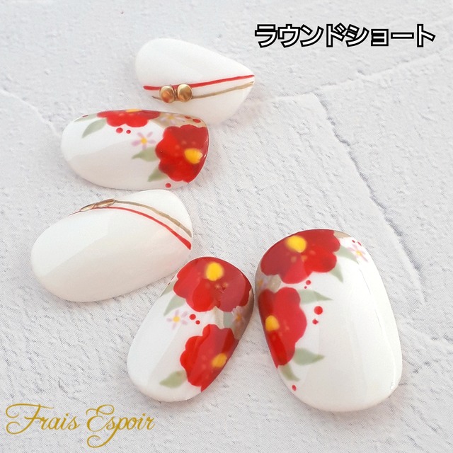 白の椿柄ネイル 和 和柄 成人式 成人式ネイル ネイルチップ Fraisespoir