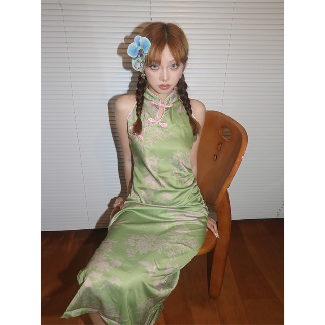 「予約販売」SWAG中華娘レトログリーン紐チャイナドレス