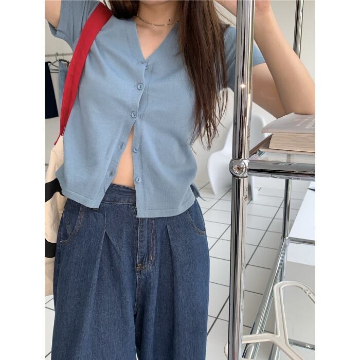 スタンダードVネックルーズセーター レディースサマーショートカーディガンジャケット トップス レトロ 夏物 モンロー43927567755