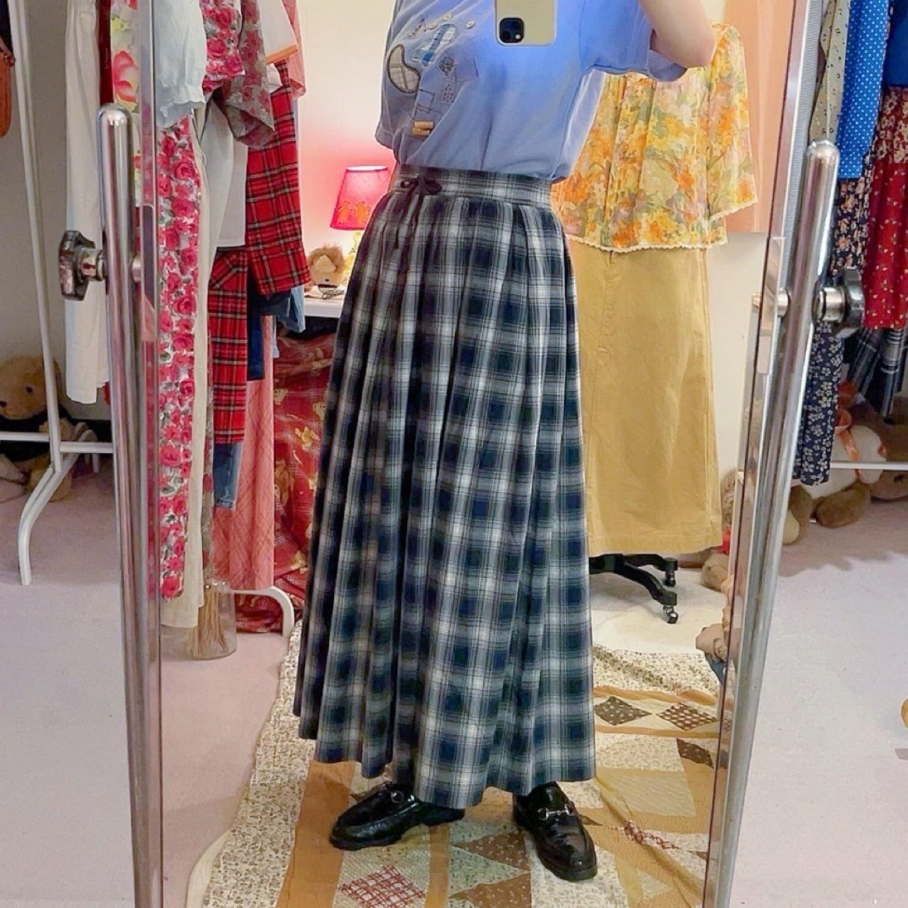 black check gather skirt