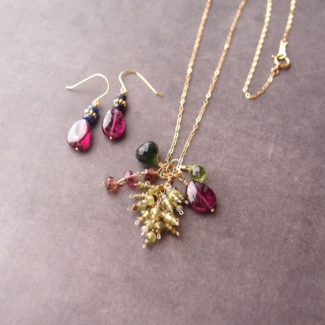 Necklace Charm Set【K14gf】Rhodolite Garnet × Vesuvianite × Tourmaline × Peridot