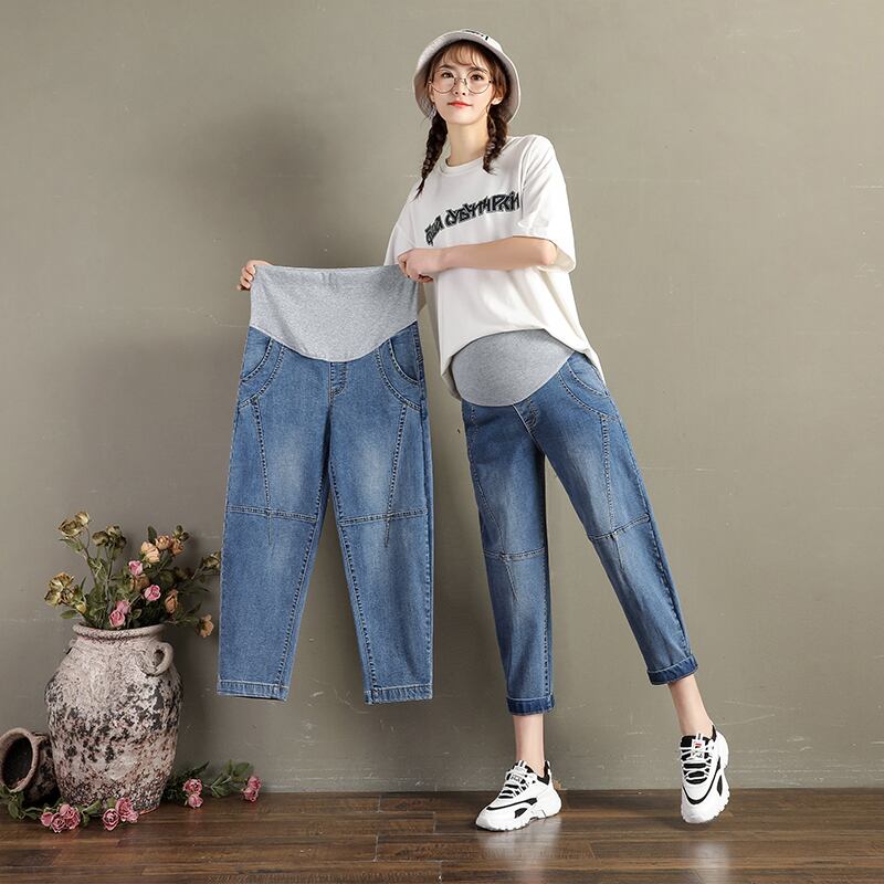 【新作】【送料無料】 サマーマタニティミッドカーフパンツプレッピースタイルヴィンテージストライプパッチワークハロウンパンツカブパンツ妊婦ジーンズ 夏物 ビンテージ AL expec341277833415