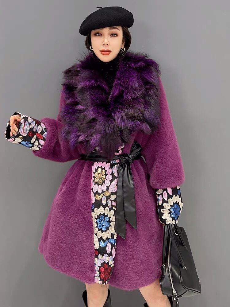 コート 紫 花柄 マダム エレガント ゴージャス ファーコート 毛皮