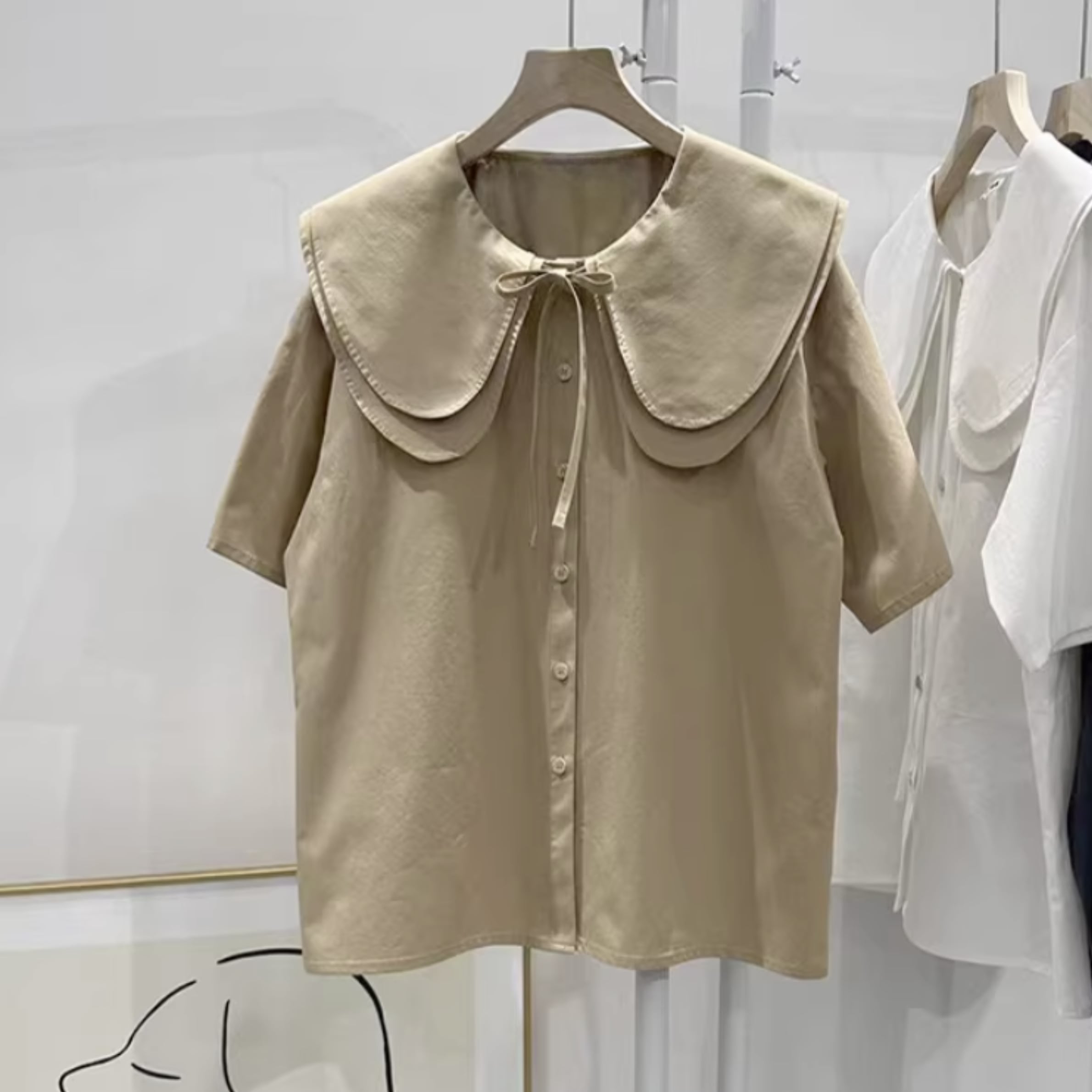 ダブルカラーフロントリボン半袖 ブラウス r001294