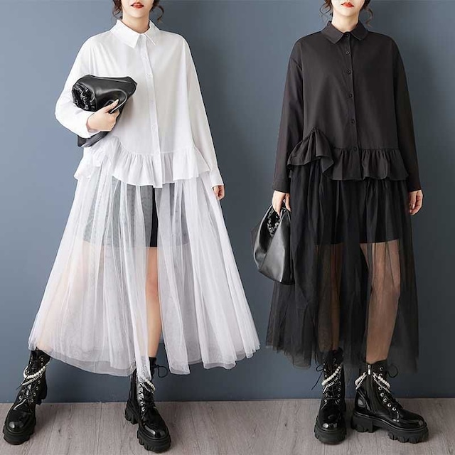 SOLID FRILLED MESH STITCHED HEM A-LINE LONGLINE SHIRT 2colors M-15795