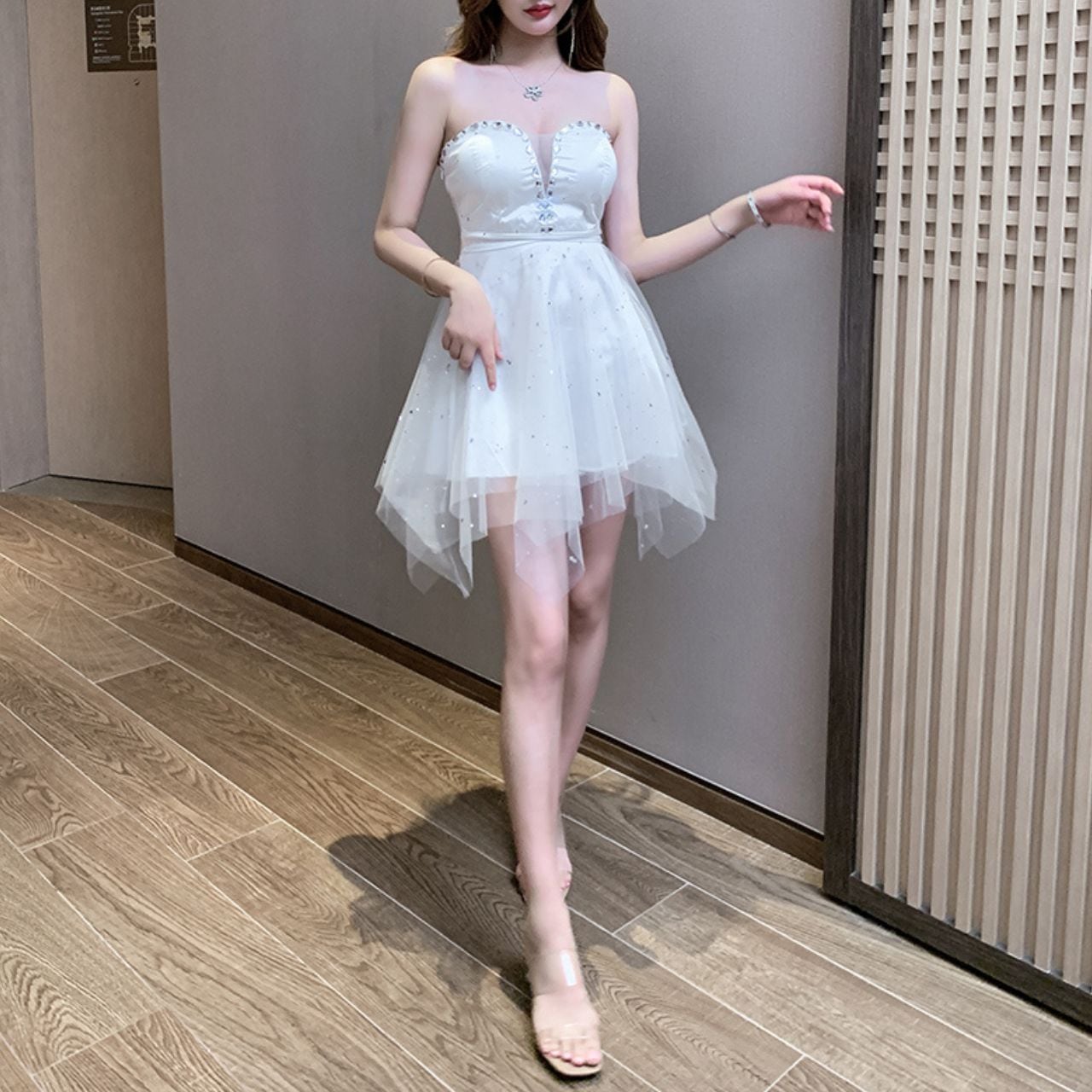 ビジュー シースルーベアトップミニドレス 3col L00180