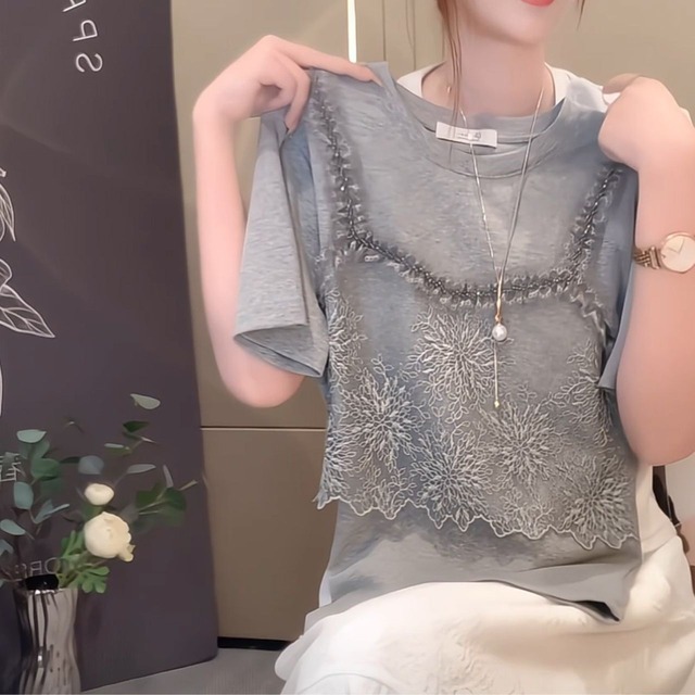 Lace Switch Short Sleeve Crew Neck T-Shirt L00922