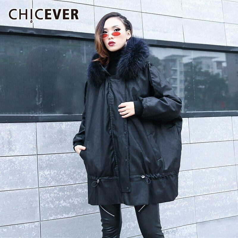 CHICEVERブラックレザーコットンコートレディースフェザーフード付き長袖巾着ストリートウェアコート2020 ロング 6base566284942421