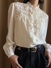 elegant pearl embellished ruffle front white shirt-5158-8