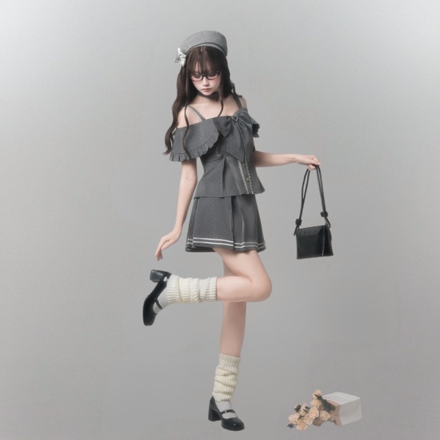 灰薔薇の制服日記 リボンライン入りプリーツミニ丈地雷系フレアスカート