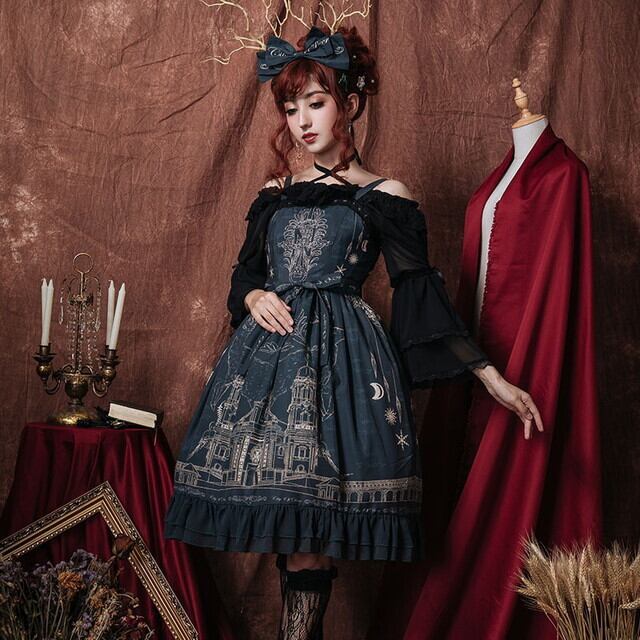 サブカル 服 地雷系 通販 ロリータ クラロリ ワンピース 膝下丈 闇かわいい ブラック フリル シフォン 小悪魔 ゴシック