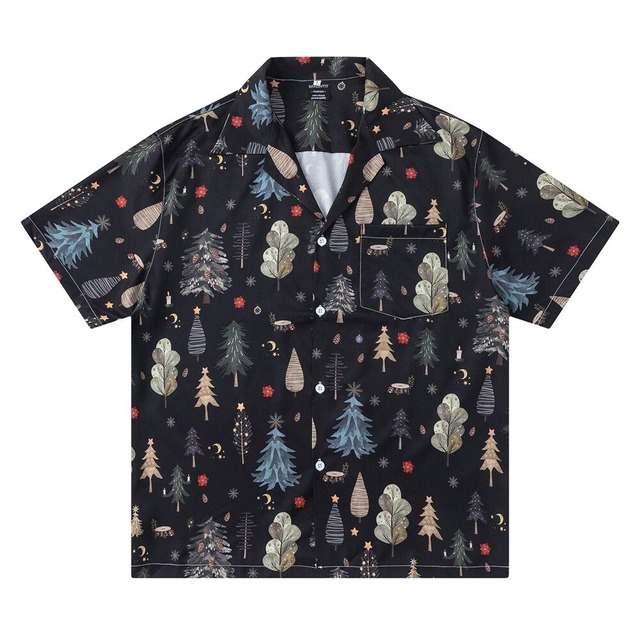 【UNISEX】CUBAN COLLAR TREE PRINT SHORT SLEEVE SHIRT M-17819