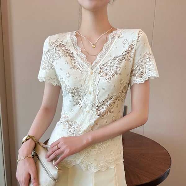 フローラルレースVネックブラウス A3762