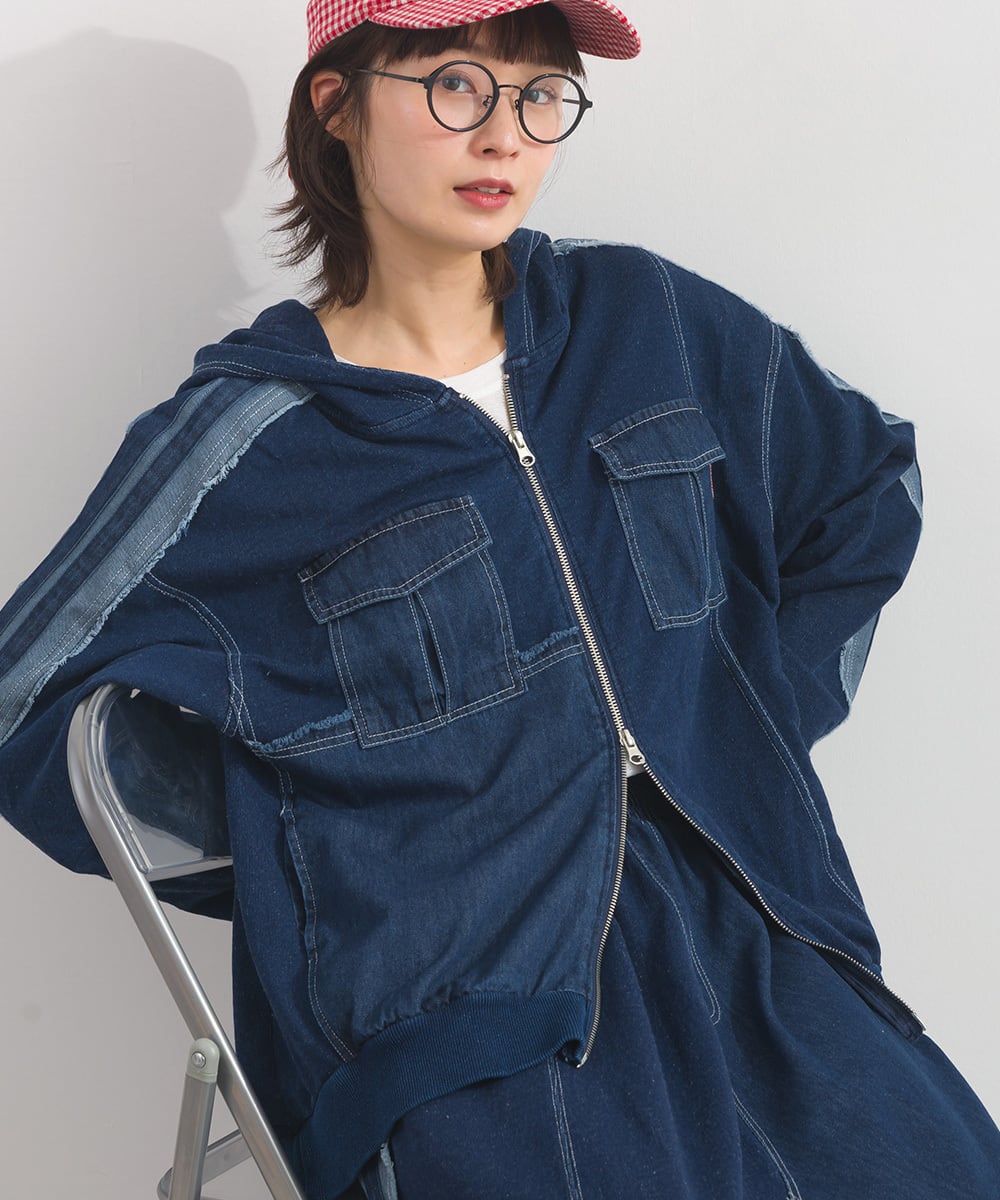 K261012 デニム切り替えZIPパーカー / Denim-Look Panel Zip Hoodie