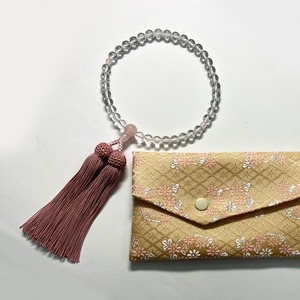 略式念珠　水晶ローズクオーツ仕立　正絹房　念珠袋付