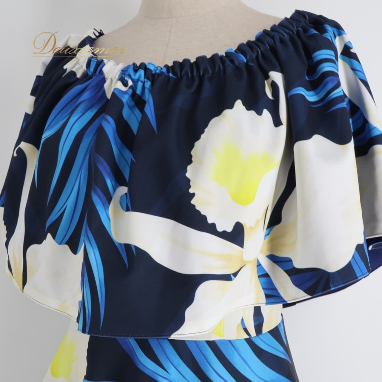 フラダンス 衣装 mmj modernistic エムエムジェイ モダニスティック ワンピース ドレス ネイビー系 日本製 2WAY 花柄 おしゃれ 大人っぽい きれい かわいい 華やか 鮮やか 明るい アロハ ハワイアンプリント フラ ダンス レッスン 練習