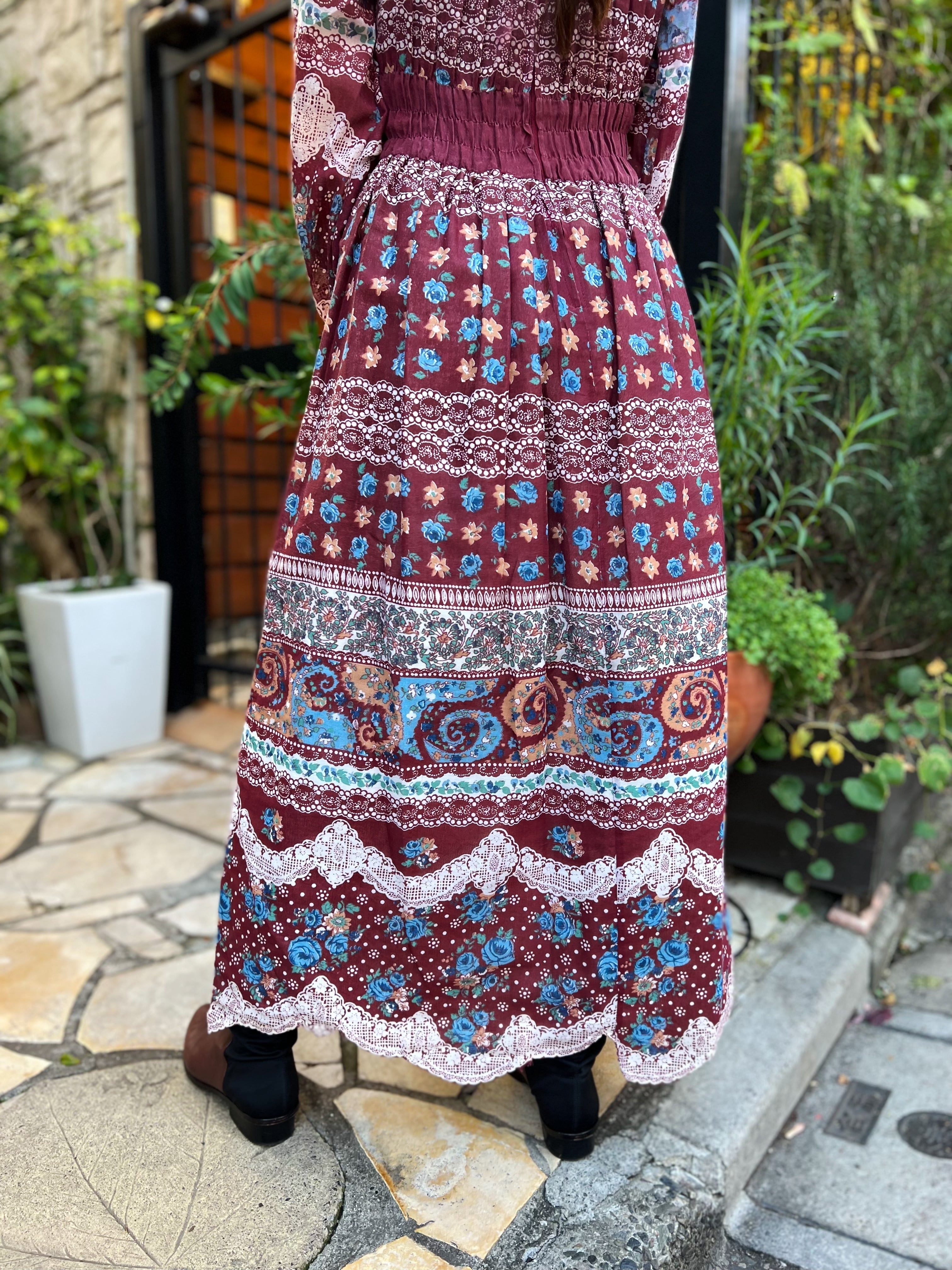 70s wine red floral & lace cotton dress ( ヴィンテージ ワイン 