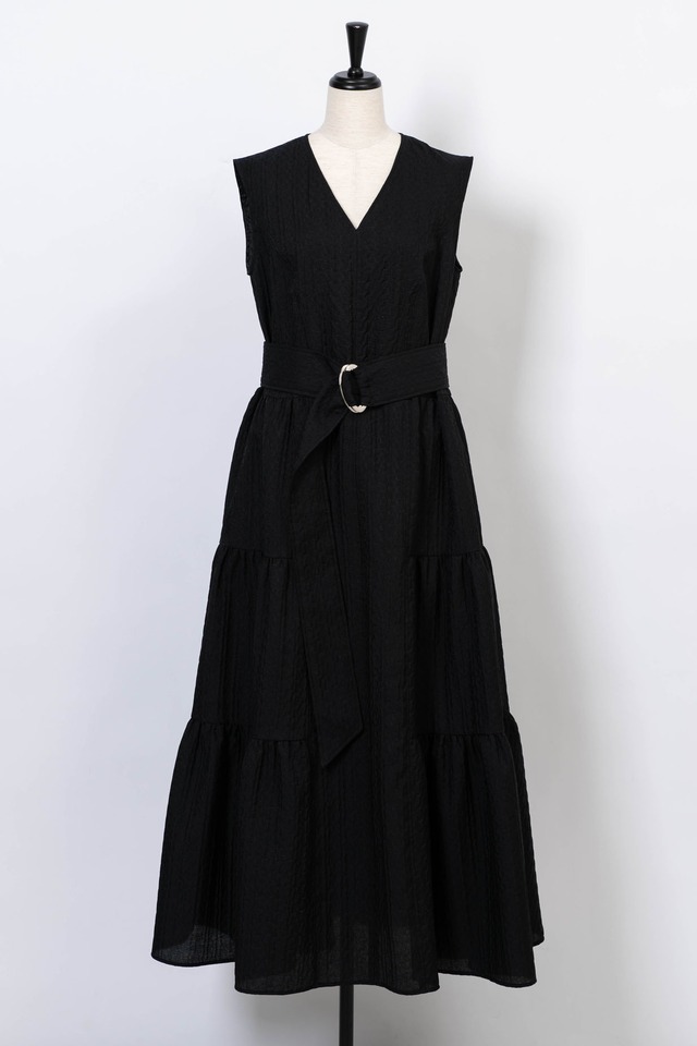 Sparkry Jaquard Tired Side Gather Dress　BLACK