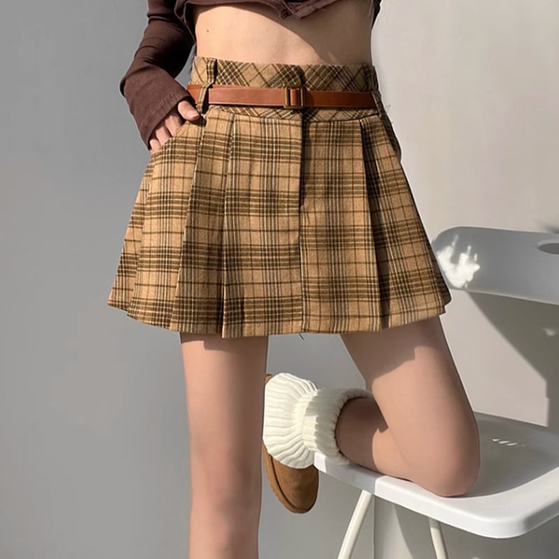 High-Waist Checked Pleated Mini Skirt, la1257