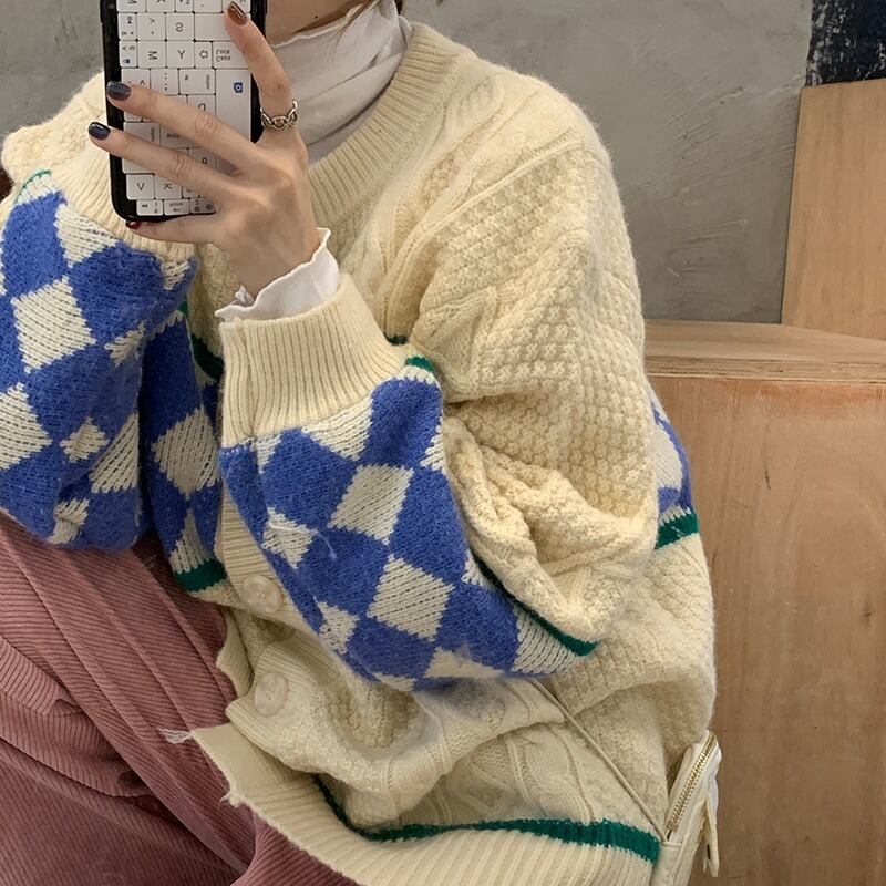 スタンダード格子柄セーター コート オータムウィンタールーズニットカーディガンジャケット レトロ 秋物 冬物 萌量不足26803539773