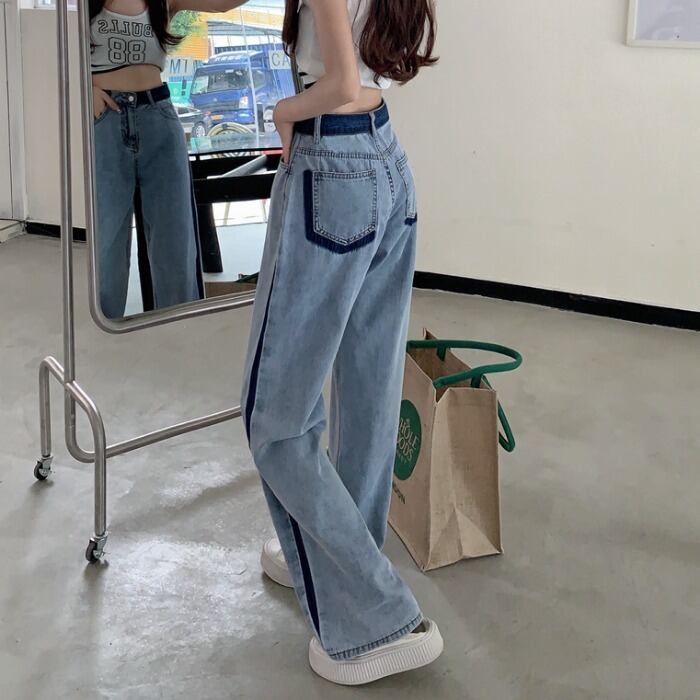 【新作】【送料無料】 女性のためのブルーストレートジーンズ2023春と秋の新作ワイドレッグパンツデザインニッチハイウエストフロアレングスパンツ 031534317361