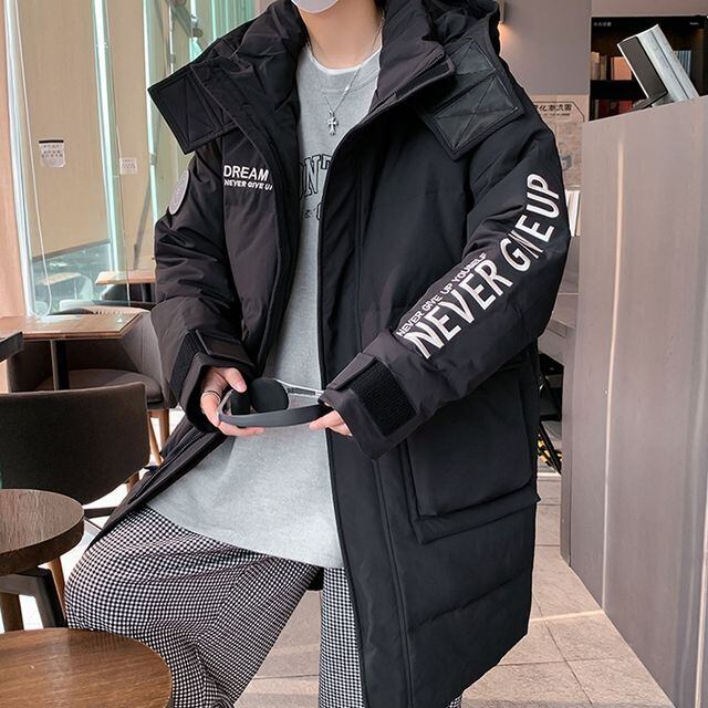 【予約販売】ダウンコート メンズ 無地 フード付き アウター ロゴ ブラック ベージュ ミドル丈 防寒 お洒落 こなれ感 ベーシック 秋冬 大きいサイズ M/L/XL/2XL/3XL