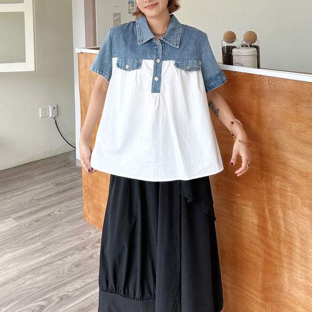 DENIM CONTRAST PANEL SHORT SLEEVE SHIRT M-17890