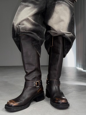 fake leather long engineer boots / washed brown