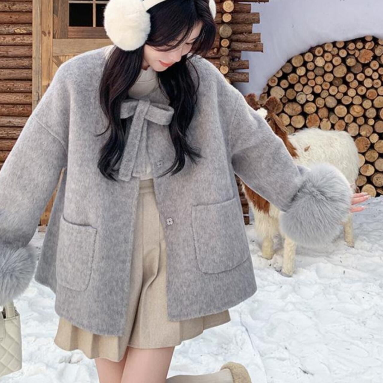 フェイクファー リボン カラー コート