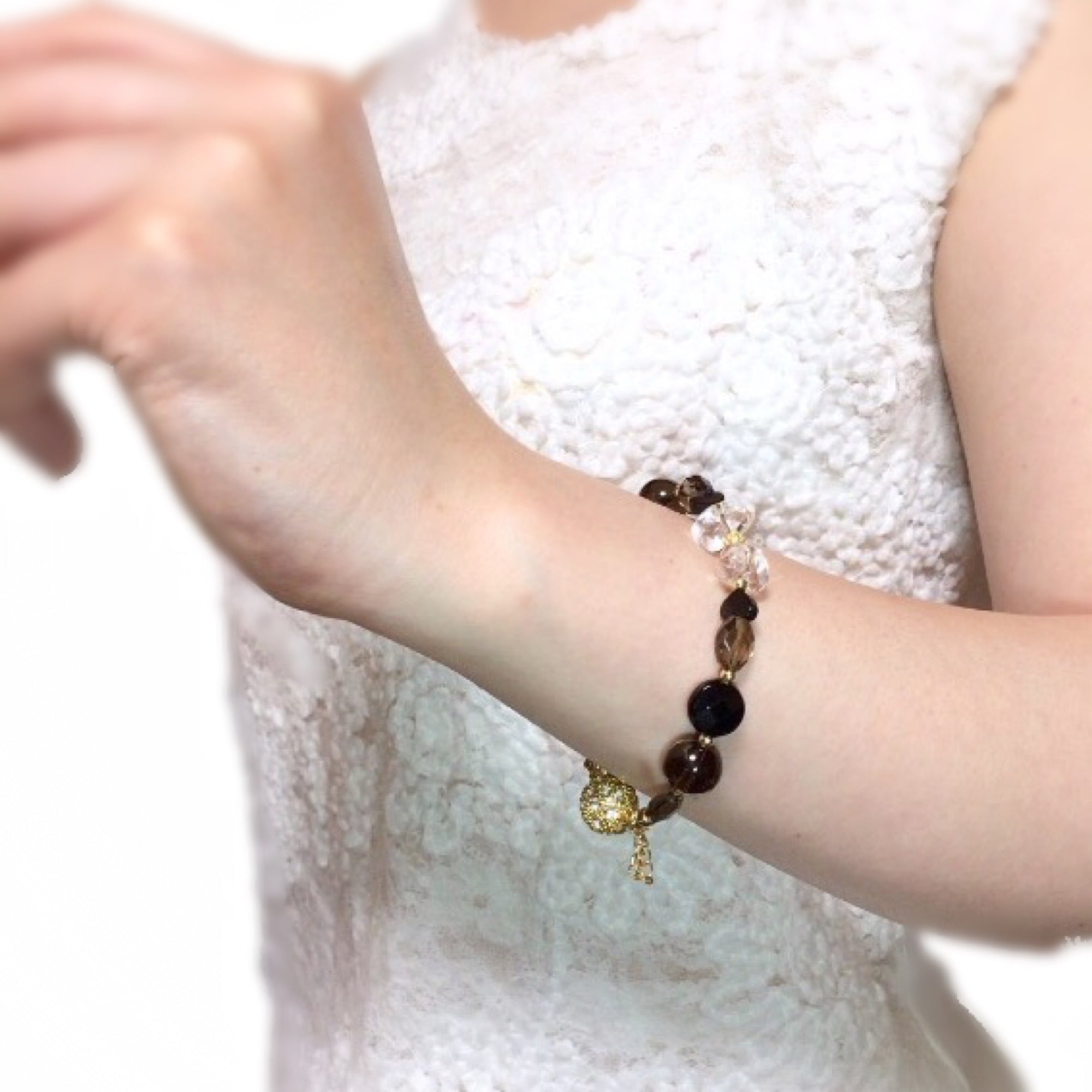 天然石 オニキス&スモーキークォーツ＆水晶 マグネットブレスレット