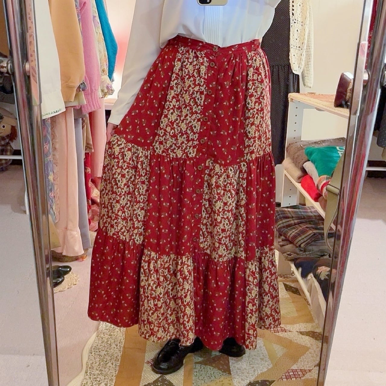 red flower patchwork tiered skirt