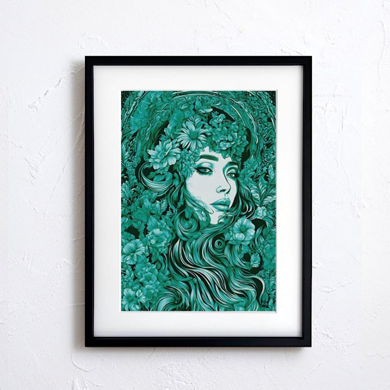 Emerald Muse｜花と女性が融合した幻想的アートポスター｜癒しと感性を呼び覚ますエメラルドの世界A4ポスター