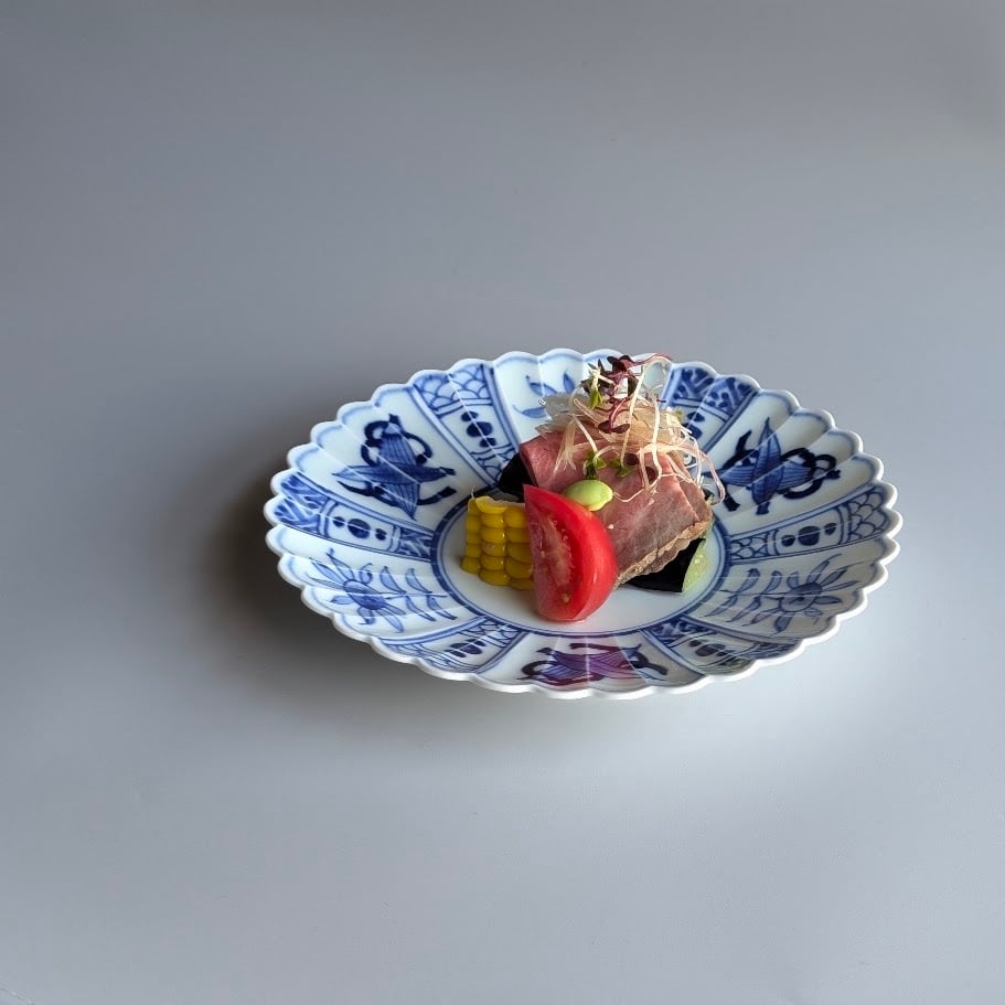 有田焼】染付芙蓉手 菊型皿18cm | 和食器のすべて