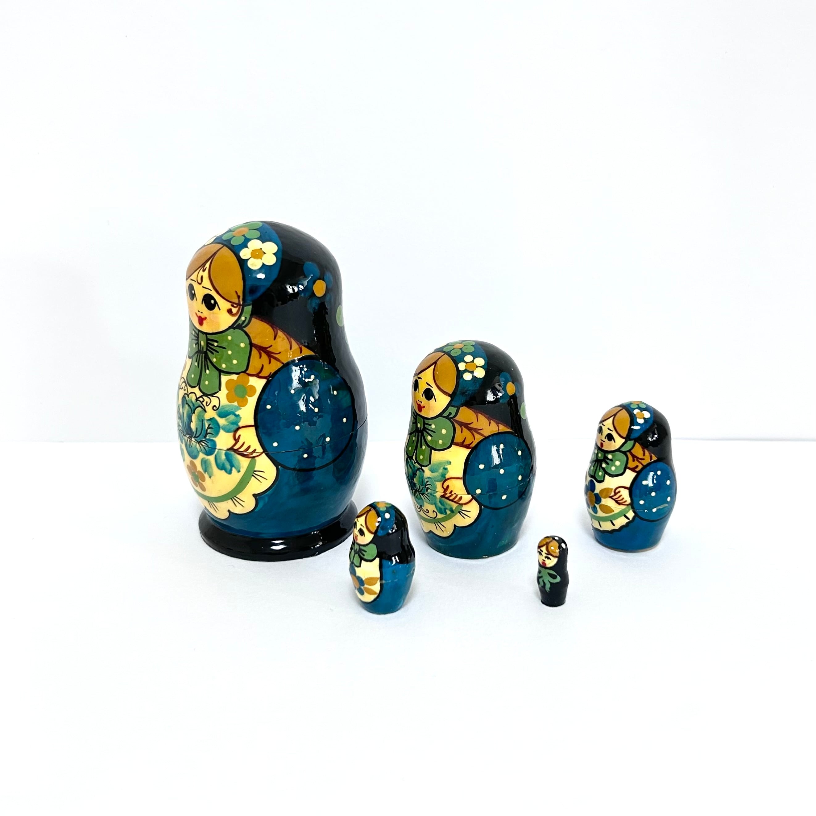フラワー ブルー マトリョーシカ 9.5cm 5ピース ロシア製 セルギエフパサード
