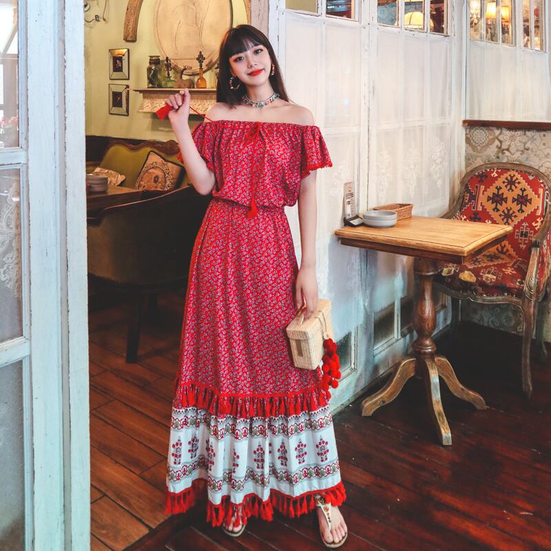 スタンダードエスニックプリント柄ロングスカート ドレス サマー レトロ 夏物 延命家ファッション81267420554