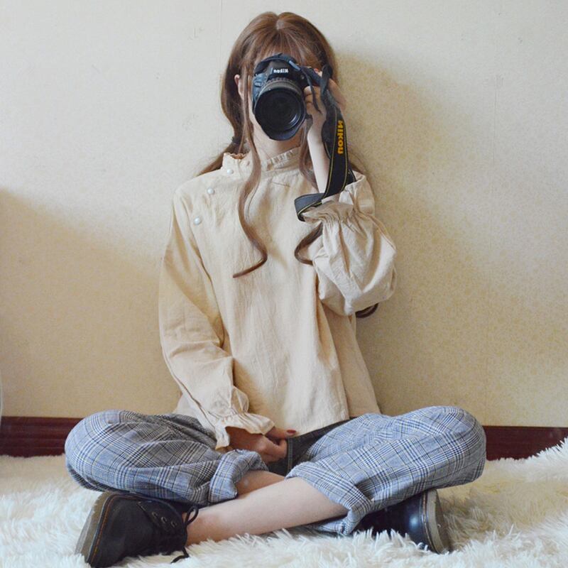 スタンダードレースカラールーズシャツ トップス スプリング格子柄 ロング レトロ 春物 萌量不足72758296143