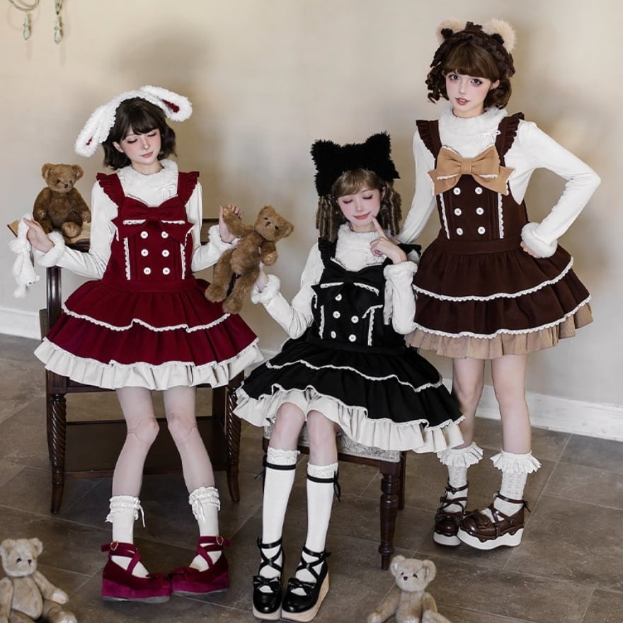 ロリィタ ガーリー夢かわいい くまモチーフ背帯ジャンスカセット