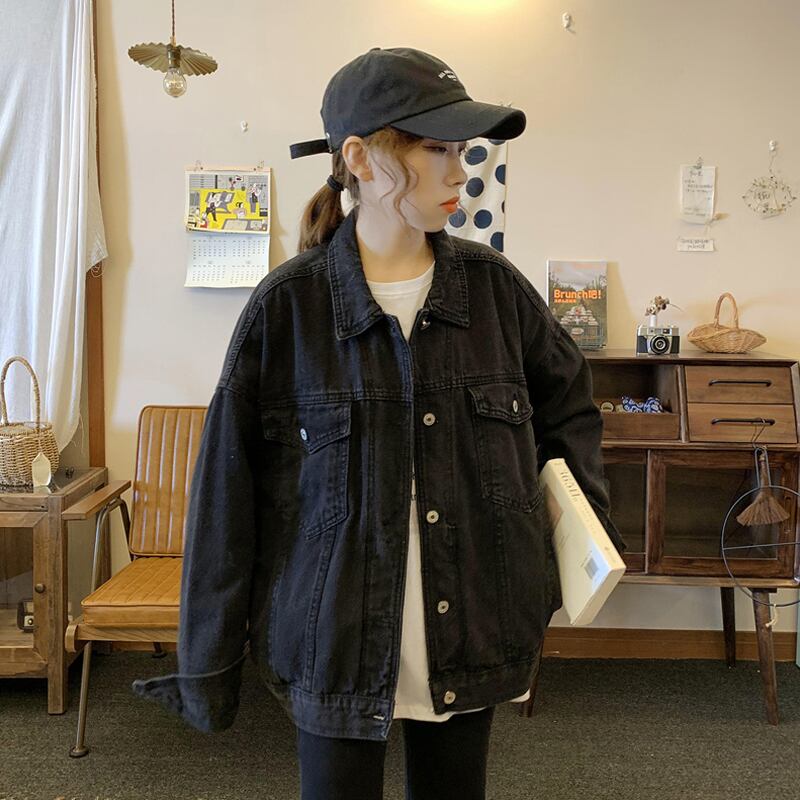 スプリングオータムブラックジャケット ルーズスタンダード レトロ 春物 秋物 試着室64732041681