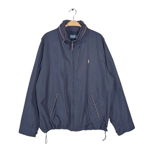 90s ラルフローレン ナイロンジャケット レザーパイピング フード収納 スウィングトップ ネイビー POLO BY RALPH LAUREN サイズL DZ0828