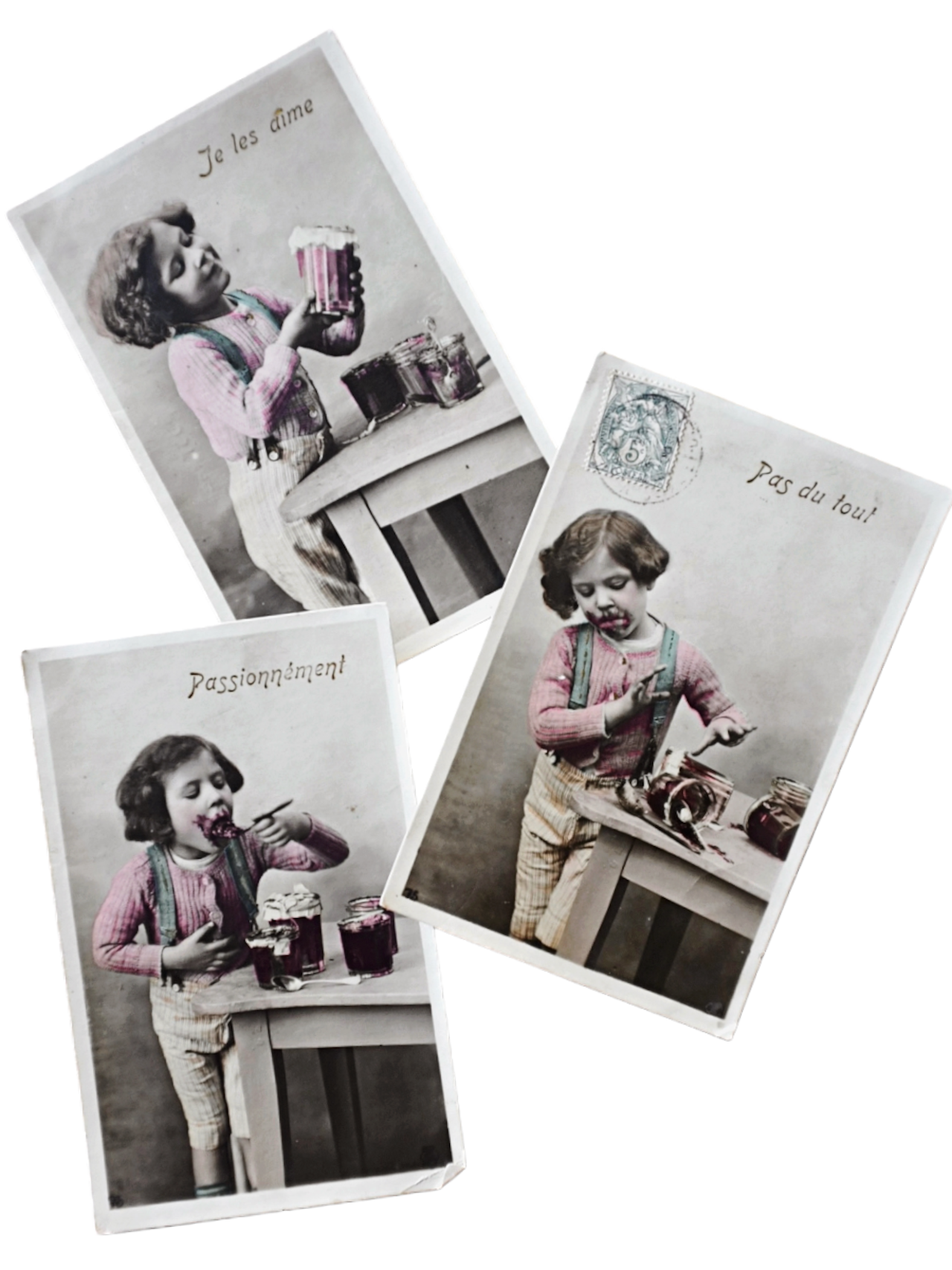 1900s フランス 手彩色 ジャム好き少年とアンティークポストカード 3p