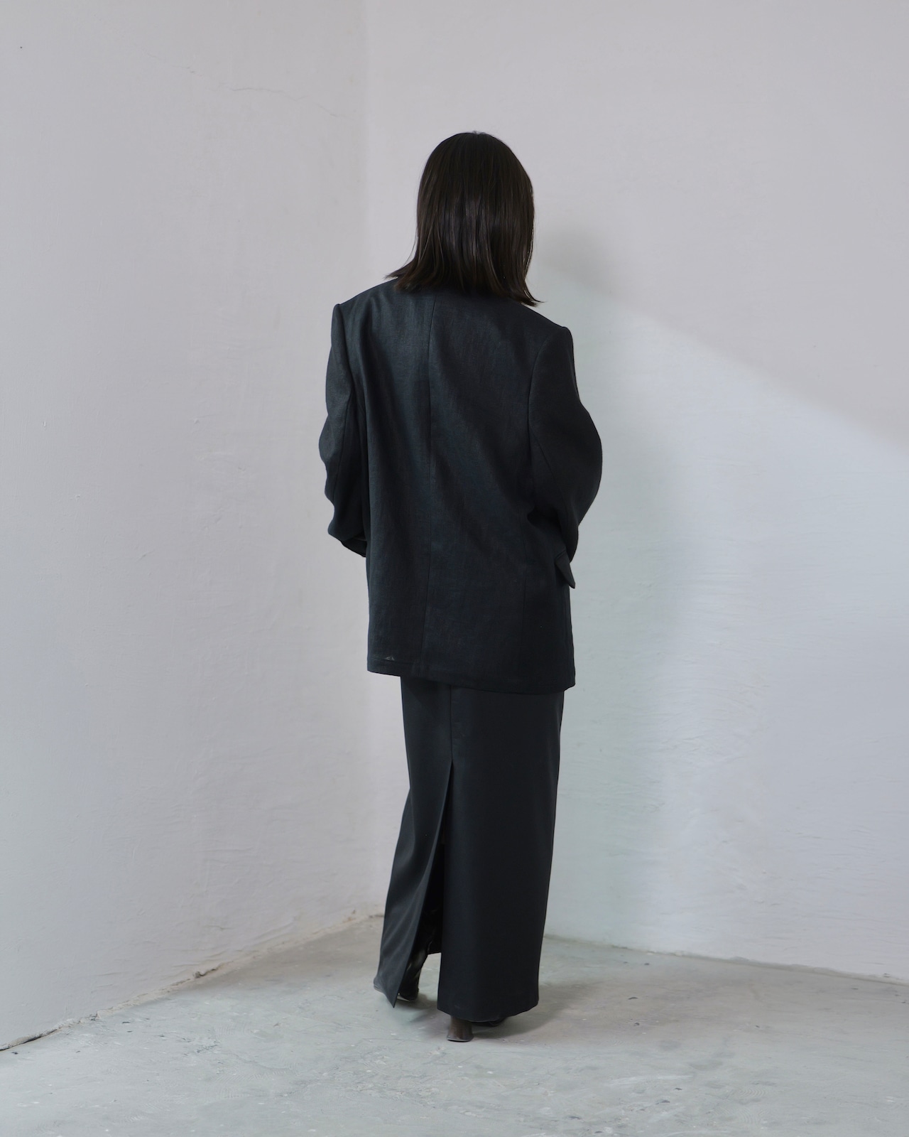 i’m here - GRANDPA Linen Jacket :Black|ダブルブレスト/立体3面ドッキング/“だまし絵”の前立て