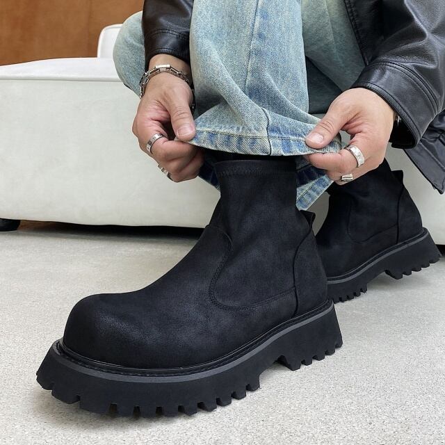 【予約販売】ブーツ スエード シンプル ベーシック 靴 ブラック 黒 ハイカット お洒落 韓国 トレンド カジュアル 24cm/24.5cm/25cm/25.5cm/26cm/26.5cm/27cm