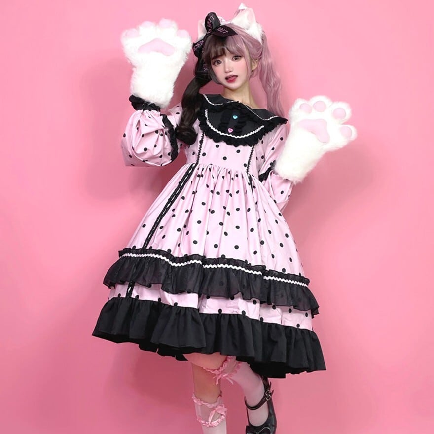 地雷系甘ロリ ワンピース ドット柄フリルゆめかわいい猫耳風コーデ