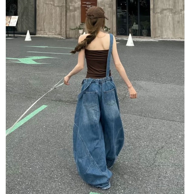 クラッシュポケットワイドラインデニムサロペット 1col R02555