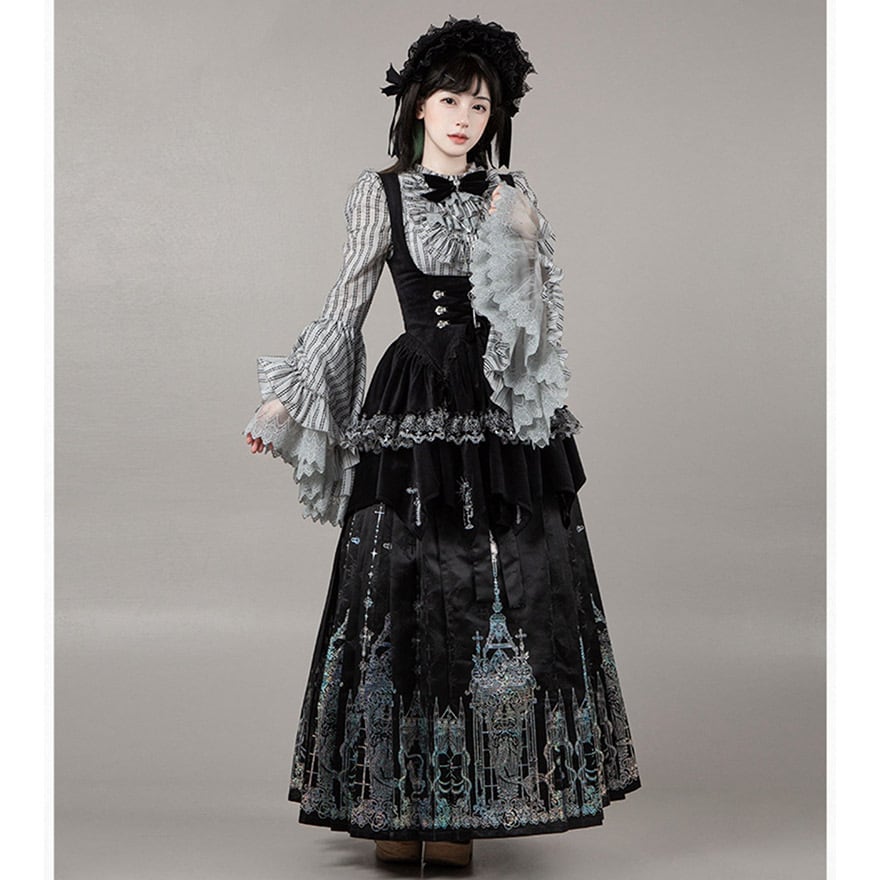 ゴスロリ 6点 セット ストライプ 姫袖 ブラウス コルセット ボンネット