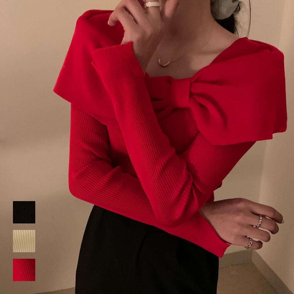 ビッグリボンニットトップスレディース秋冬