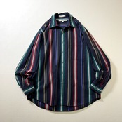 90s PERRY ELLIS　ストライプ　胸ポケット　襟芯　長袖シャツ　ペリーエリス　ネイビー　グリーン　レッド 古着