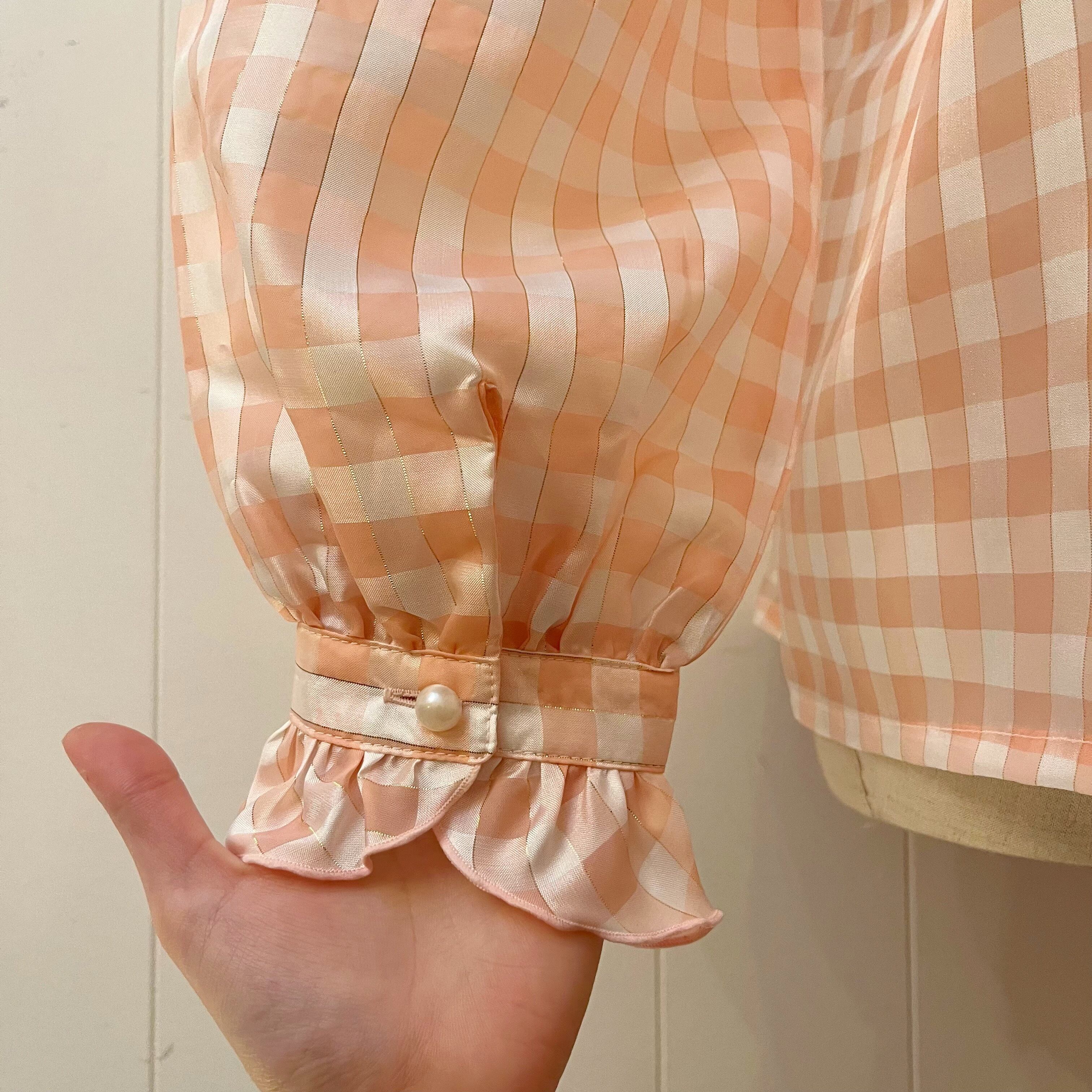 pink check frill stand collar blouse